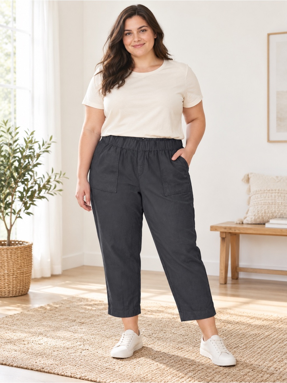 NWT New Banana Republic Linen Cotton Tapered Crop Pull-On Black Pants Size XXL